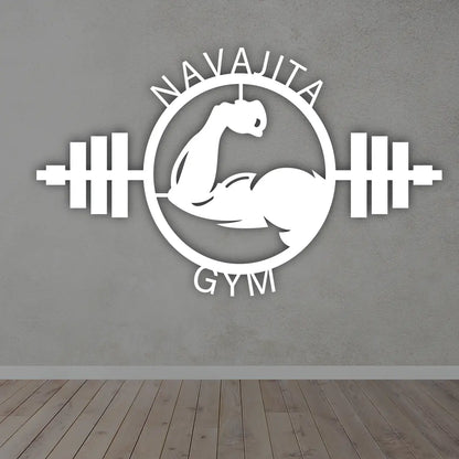 Personalized Muscle Gym Metal Sign in white colour mounted on wall 