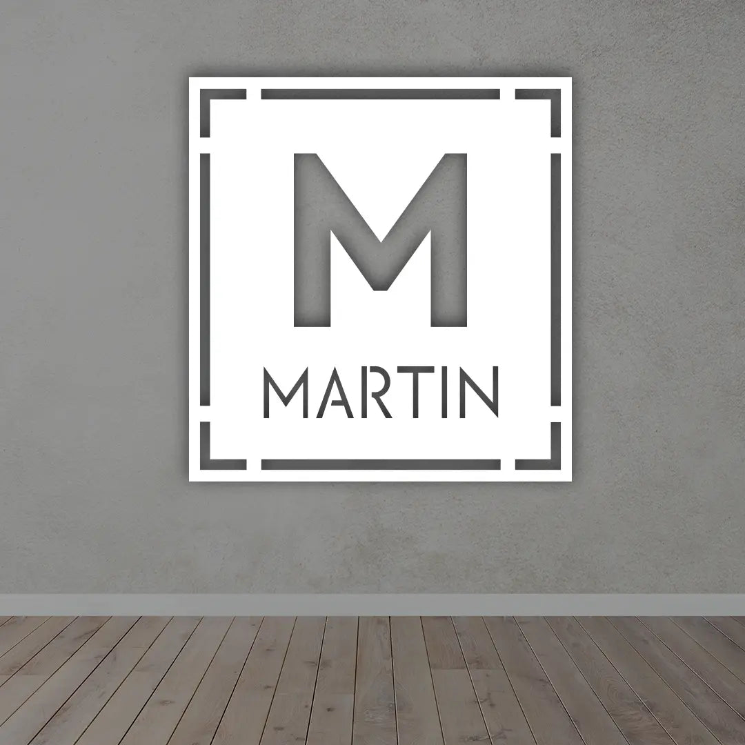 Personalized Last Name Metal Sign in white colour mounted on wall 
