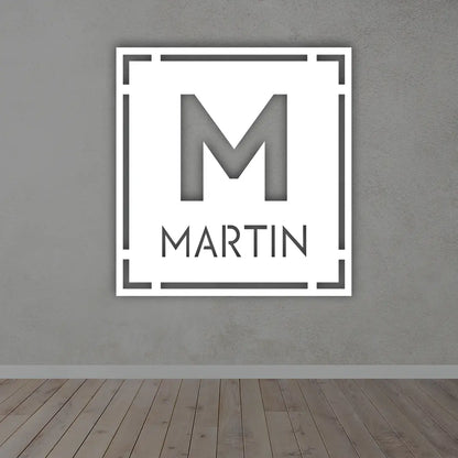 Personalized Last Name Metal Sign in white colour mounted on wall 