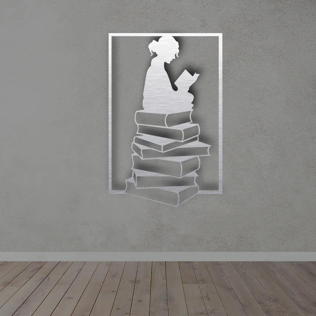 Girl Reading Books Metal Wall Art Sign in Silver finish