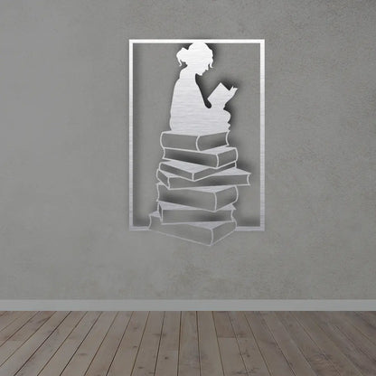 Girl Reading Books Metal Wall Art Sign in Silver finish