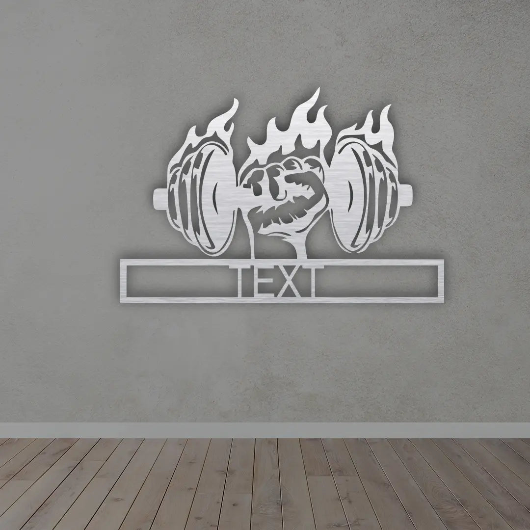 Hand With Dumble Custom Metal Sign in Silver Colour Mounted on wall 