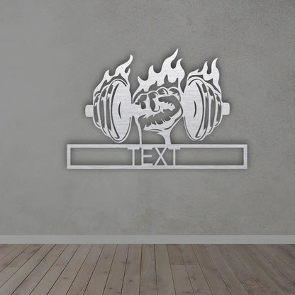 Hand With Dumble Custom Metal Sign in Silver Colour Mounted on wall 