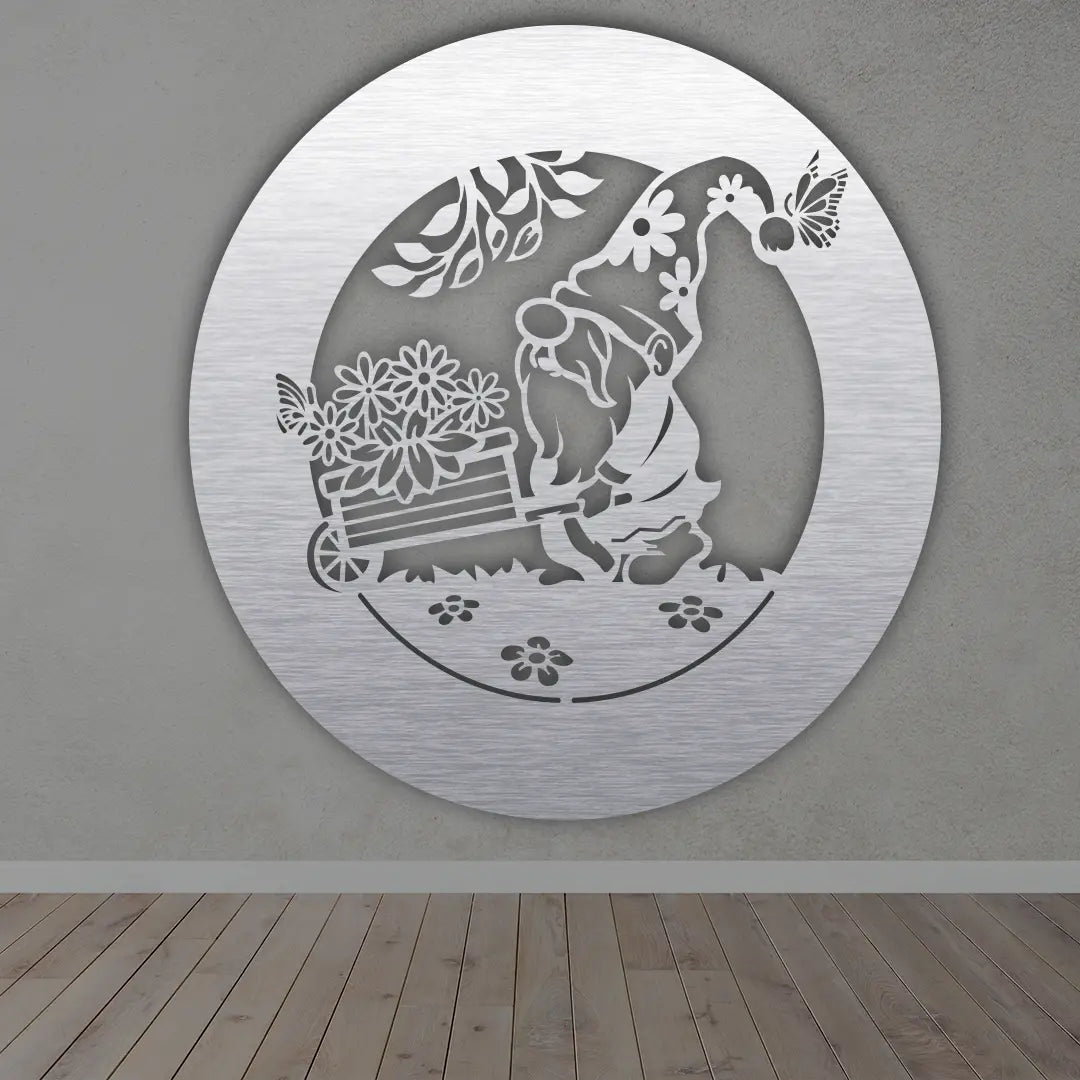 Garden Gnome Metal Wall Art Sign in brushed silver finised