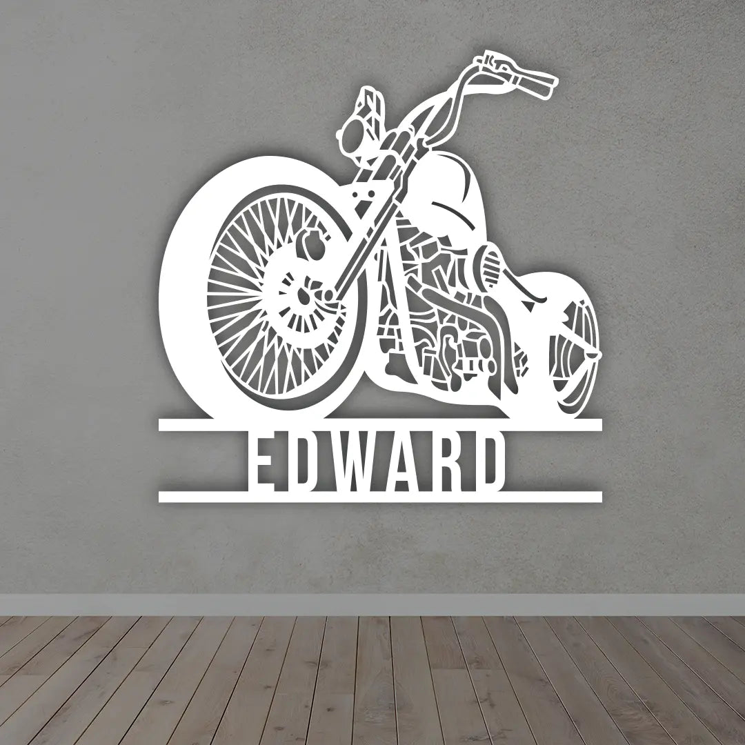 Personalized Motorcycle Metal Sign in White colour mounted on wall