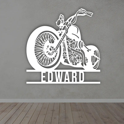 Personalized Motorcycle Metal Sign in White colour mounted on wall