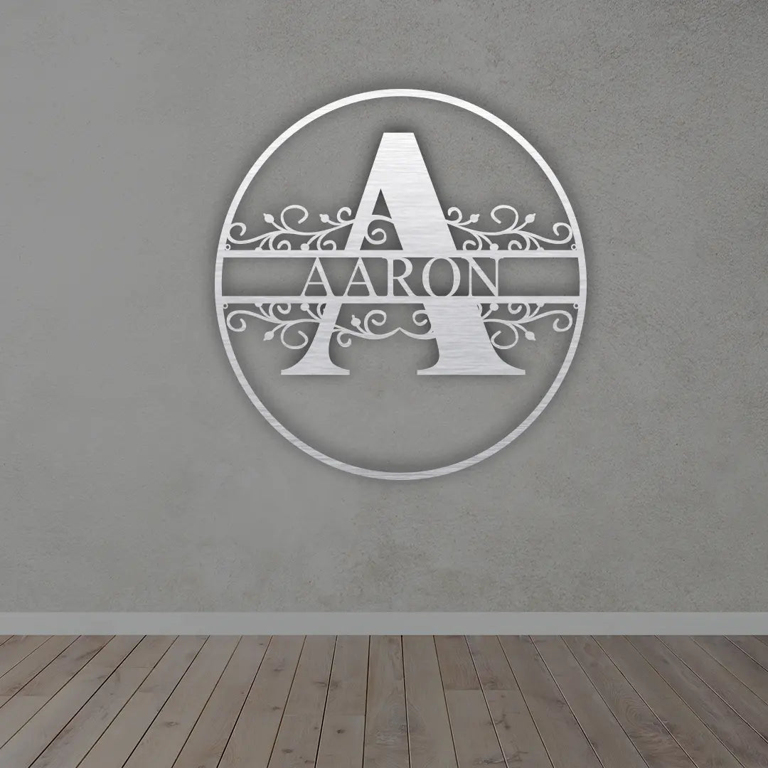 Metal Initial Name Sign in Silver Colour mounted on wall 
