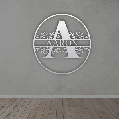 Metal Initial Name Sign in Silver Colour mounted on wall 
