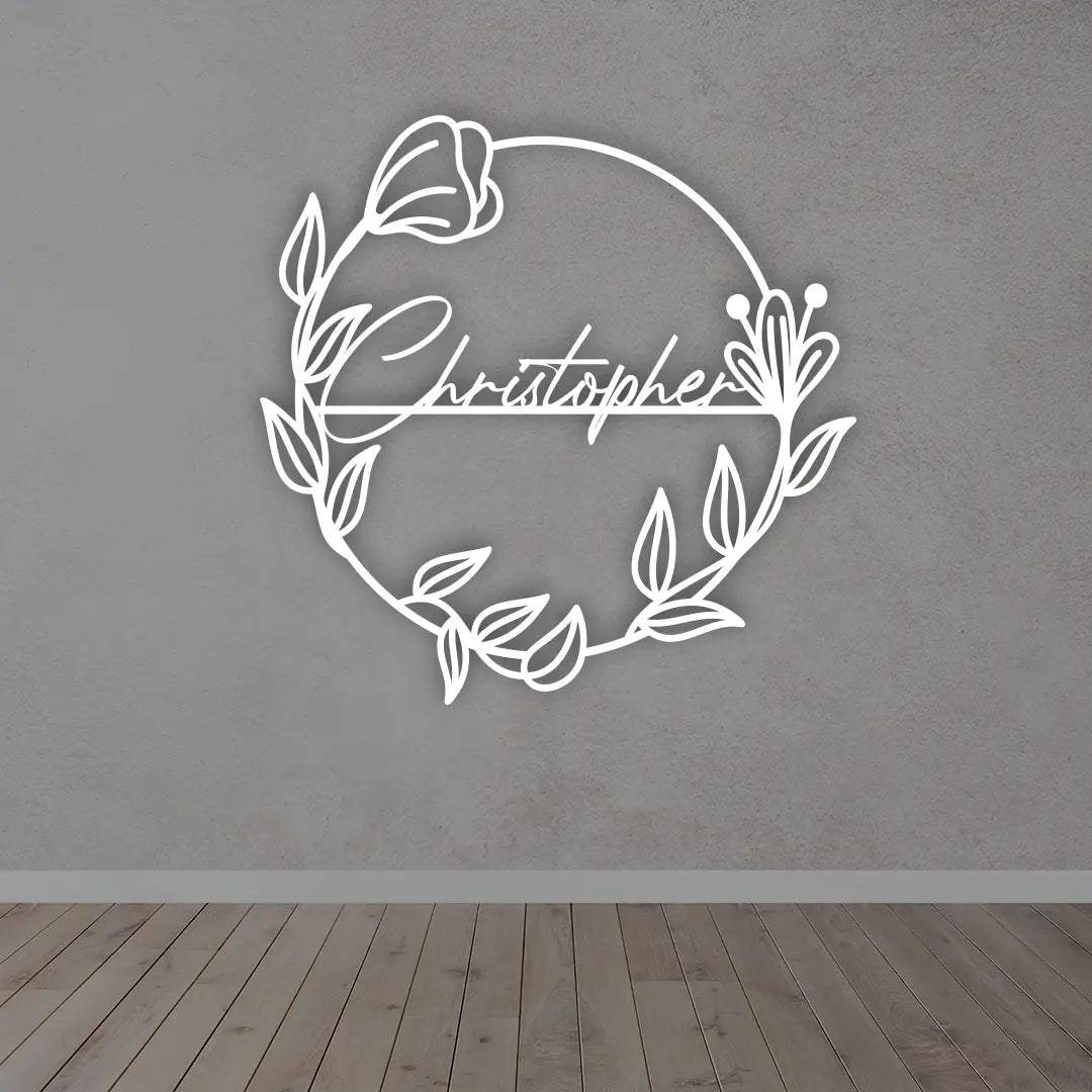 Personalized Floral branch Metal Name Sign in White colour mounted on wall 