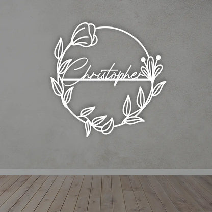 Personalized Floral branch Metal Name Sign in White colour mounted on wall 
