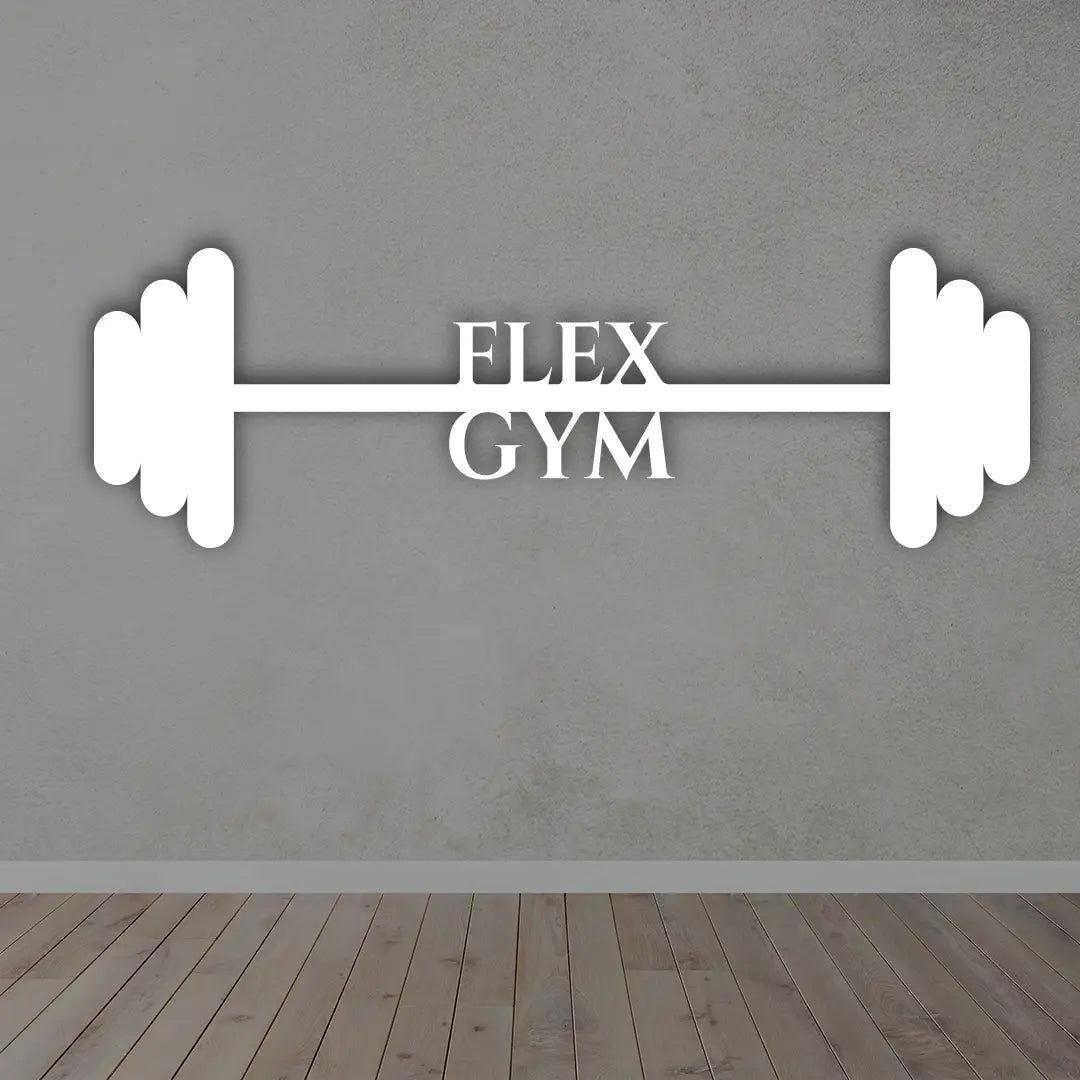 Personalized Barbell Rod Gym Metal Sign in White colour mounted on wall 