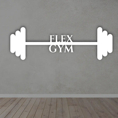 Personalized Barbell Rod Gym Metal Sign in White colour mounted on wall 