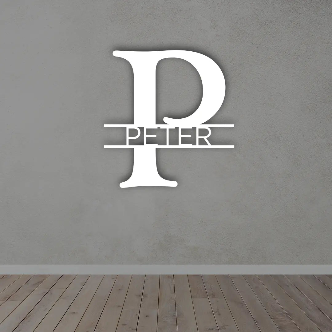 Personalized Metal Monogram Name Sign in White colour mounted on wall 