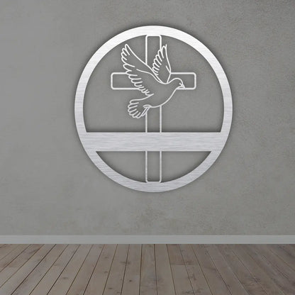 Holy Spirit Dove Altar Cross Metal Sign in Silver colour mounted on wall 