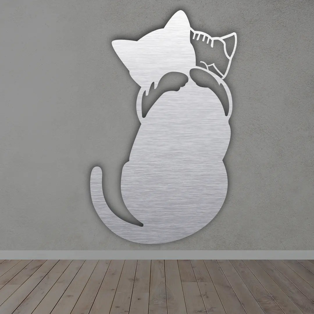 Cat Hug Metal Wall Art Sign in brushed Silver