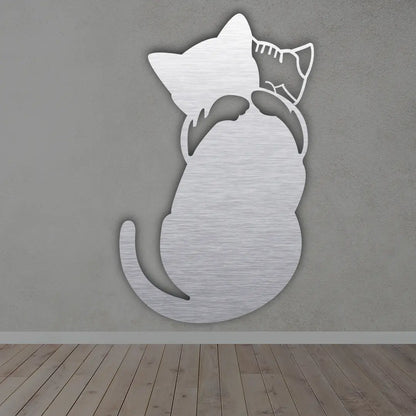 Cat Hug Metal Wall Art Sign in brushed Silver