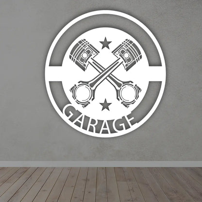 Dad's Garage Metal Name Plates in White colour mounted on wall