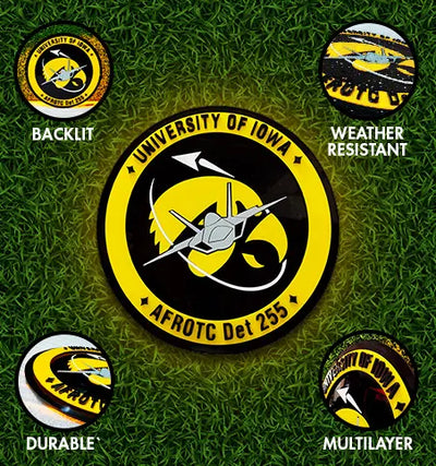 University of Iowa AFROTC Det 255 custom round lightbox sign, backlit durable multilayer weather resistant emblem on grass
