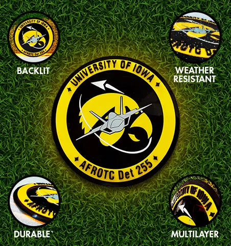 University of Iowa AFROTC Det 255 custom round lightbox sign, backlit durable multilayer weather resistant emblem on grass