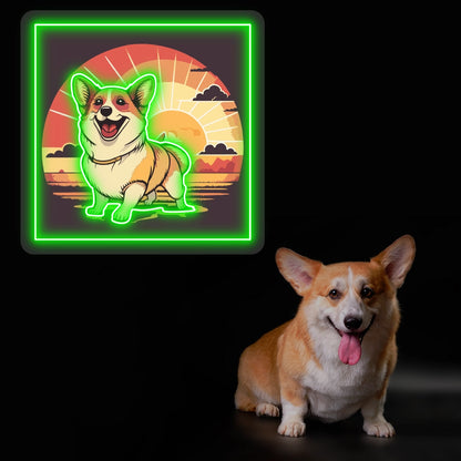 Smiling Corgi Sunset Portrait Neon Artwork in green color