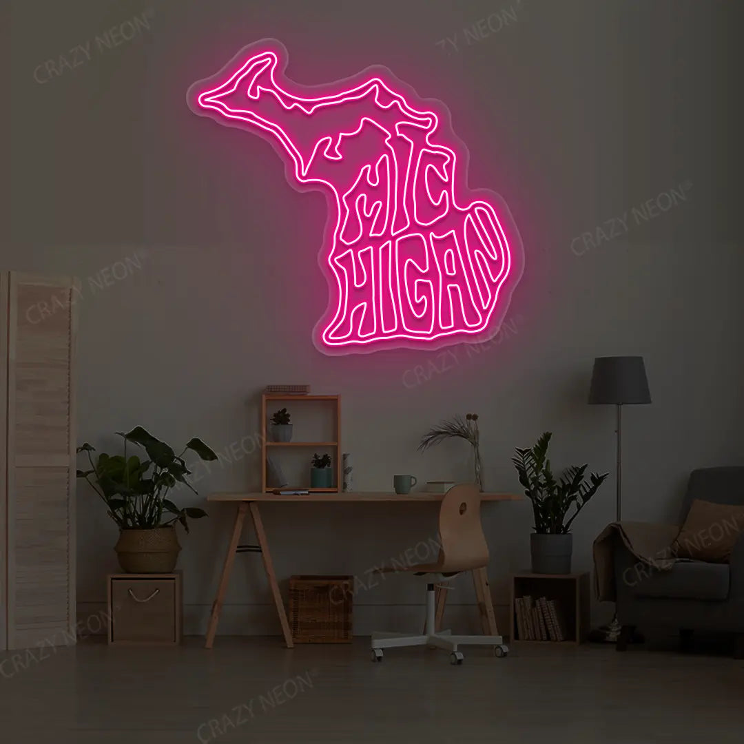 MICHIGAN Map Neon Sign lighting up in pink color in a room