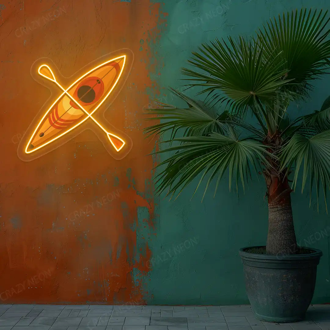orange kayak boat neon artwork mounted on a wall