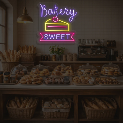 purple yellow and pink bakery sweet neon sign mounted on a wall