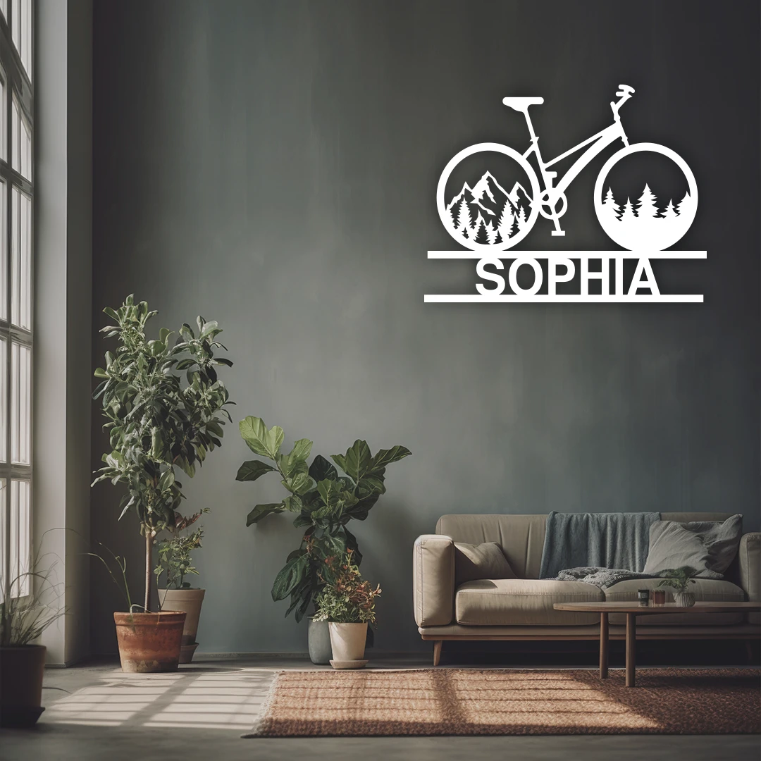 Mountain Bicycle Name Personalized Metal Monogram in White Color