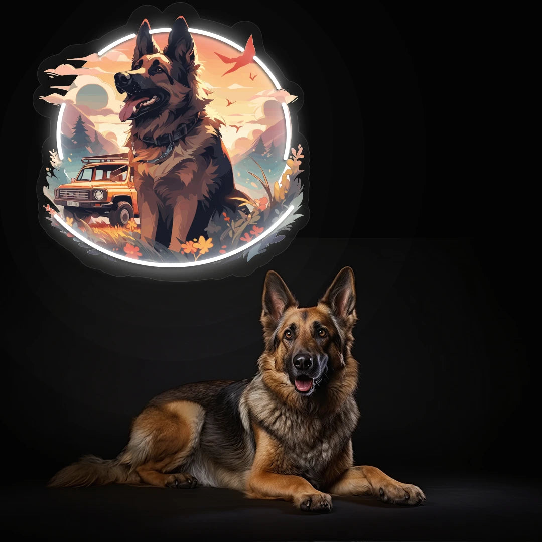 Adventure Trail German Shepherd Neon Artwork in warmwhite