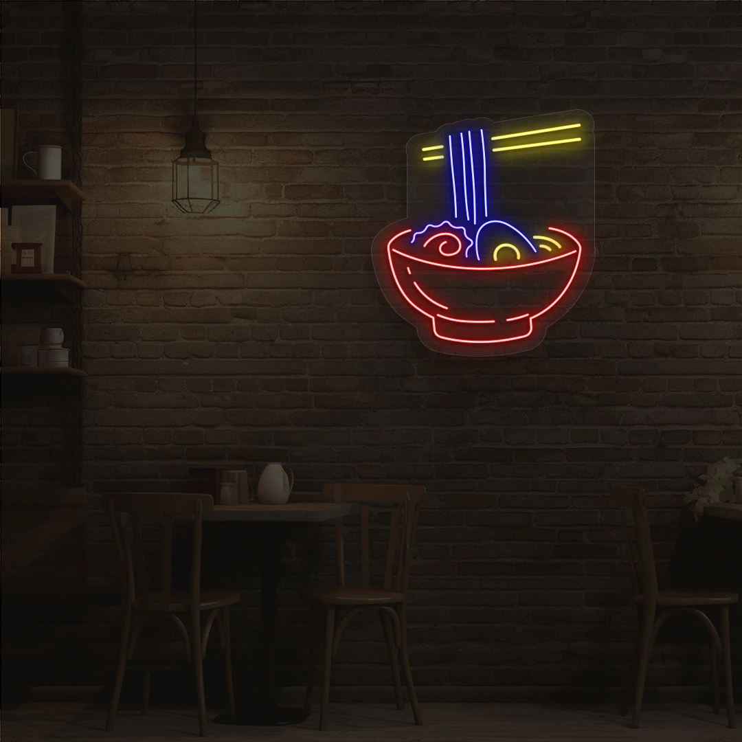 blue yellow and red ramen vibes neon sign mounted on a wall