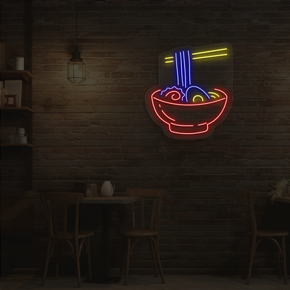 blue yellow and red ramen vibes neon sign mounted on a wall
