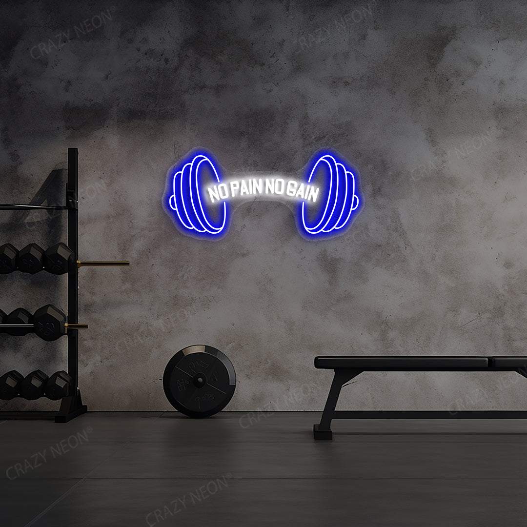 blue and white no pain no gain gym neon sign mounted on a wall