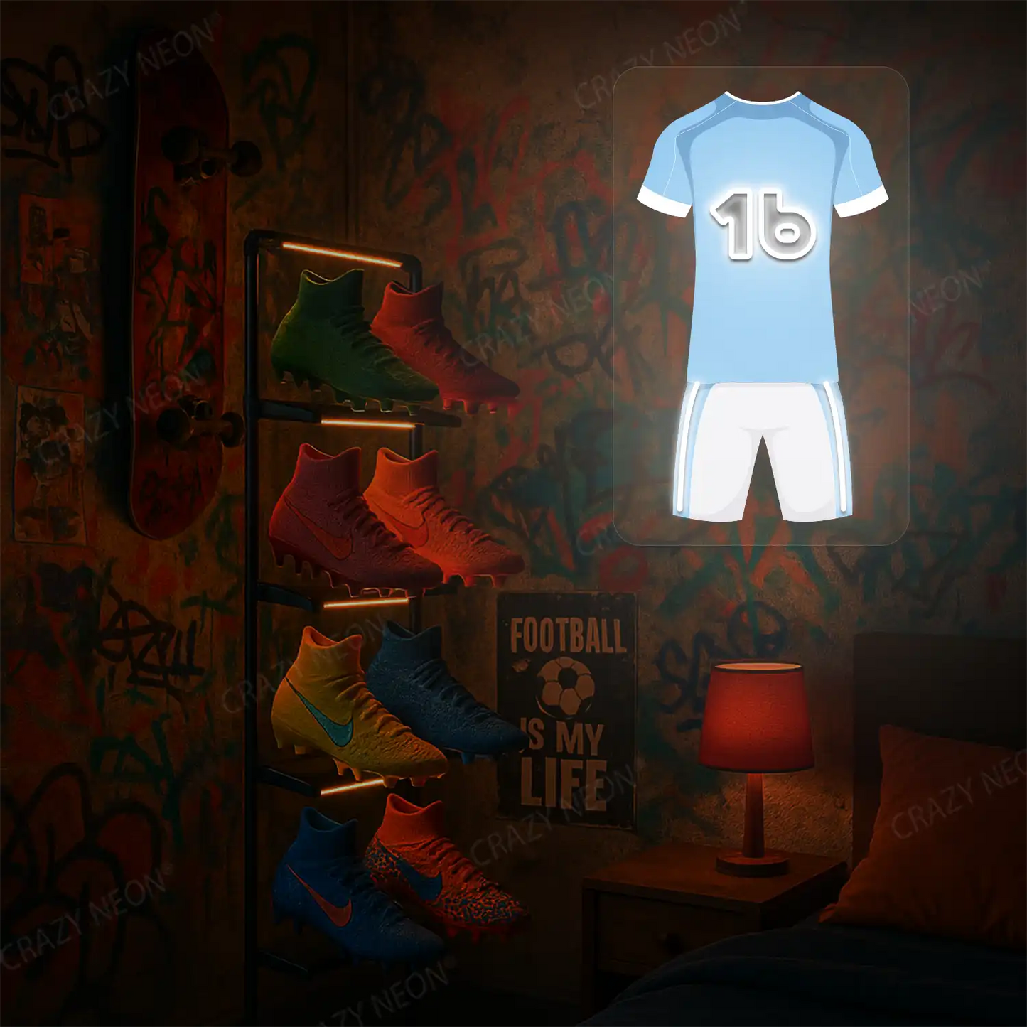 Light blue football jersey neon artwork with number 16 glowing on a graffiti-covered wall