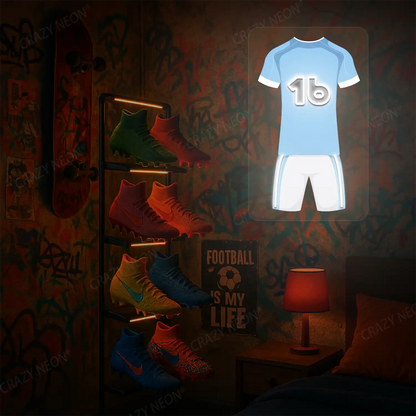 Light blue football jersey neon artwork with number 16 glowing on a graffiti-covered wall