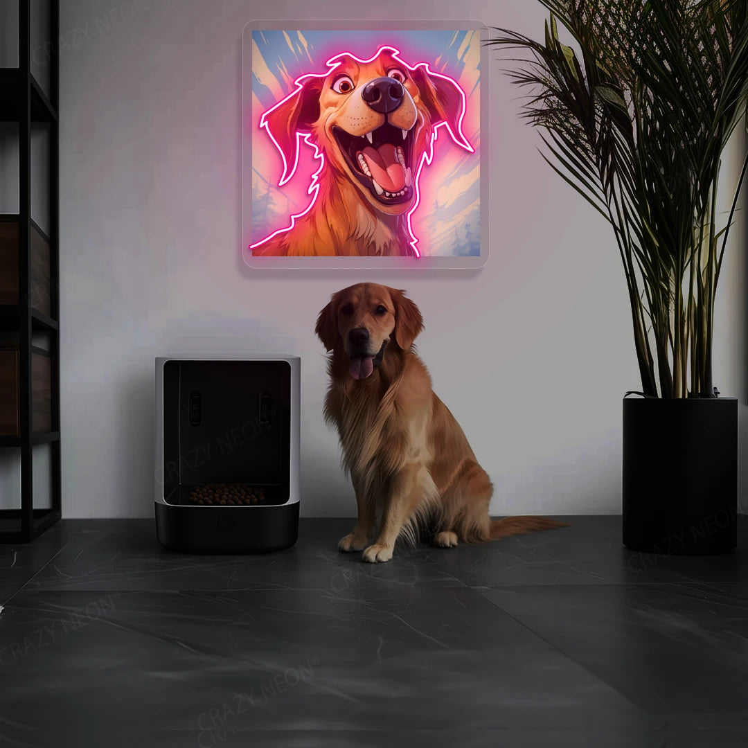 Goofy Smile Golden Retriever Neon Artwork in pink color