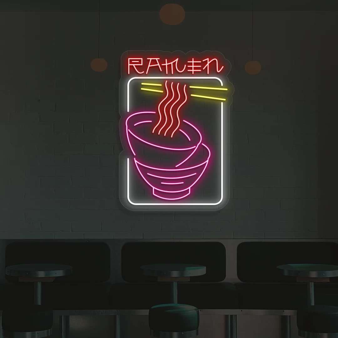 red white yellow and pink ramen duo neon sign mounted on a wall