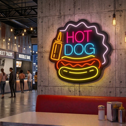 pink orange yellow and ice blue hot dog glow neon sign mounted on a wall