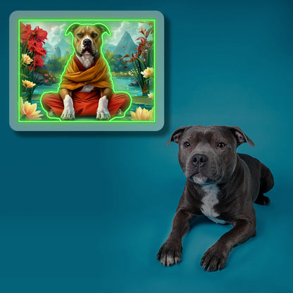 Peaceful Pitbull Monk Scenery Neon Artwork in Green Color