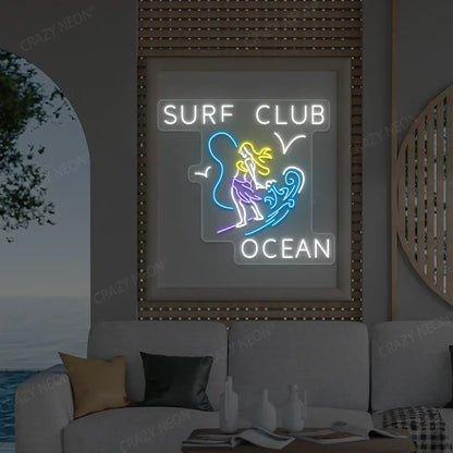 purple surf club ocean neon sign mounted on a wall