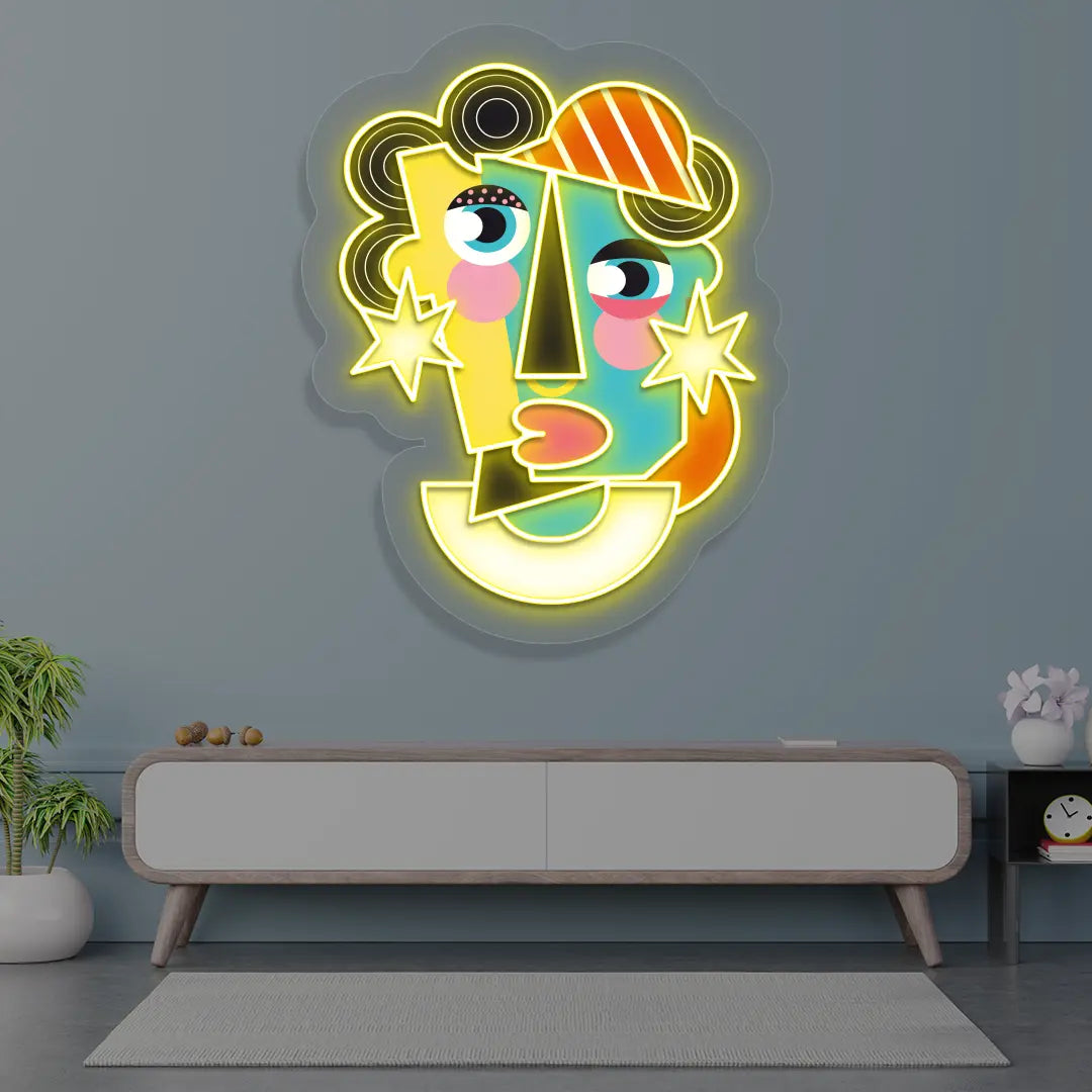 Radiant Mask Abstract Neon Artwork Sign in Yellow color