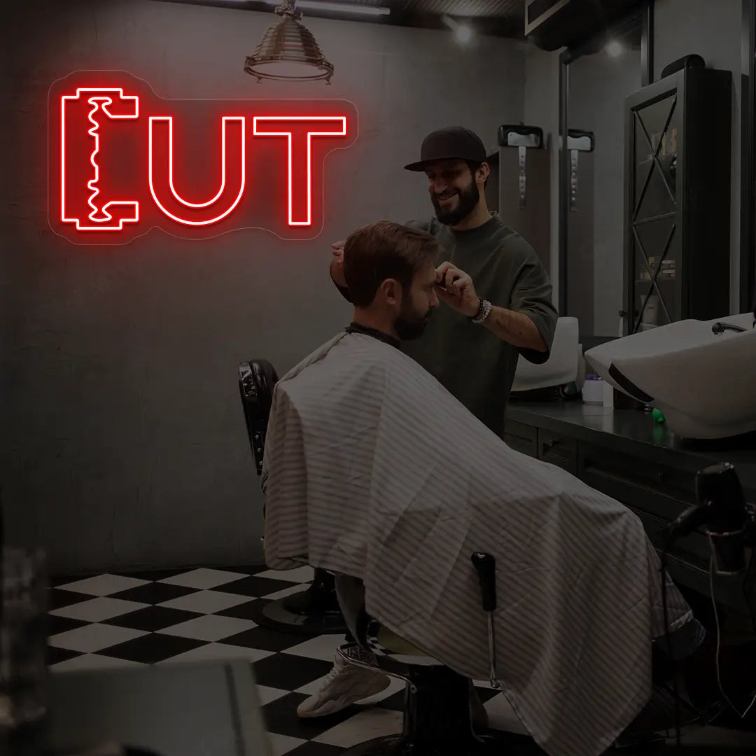 Cut Blade Barber Neon Sign in Red color