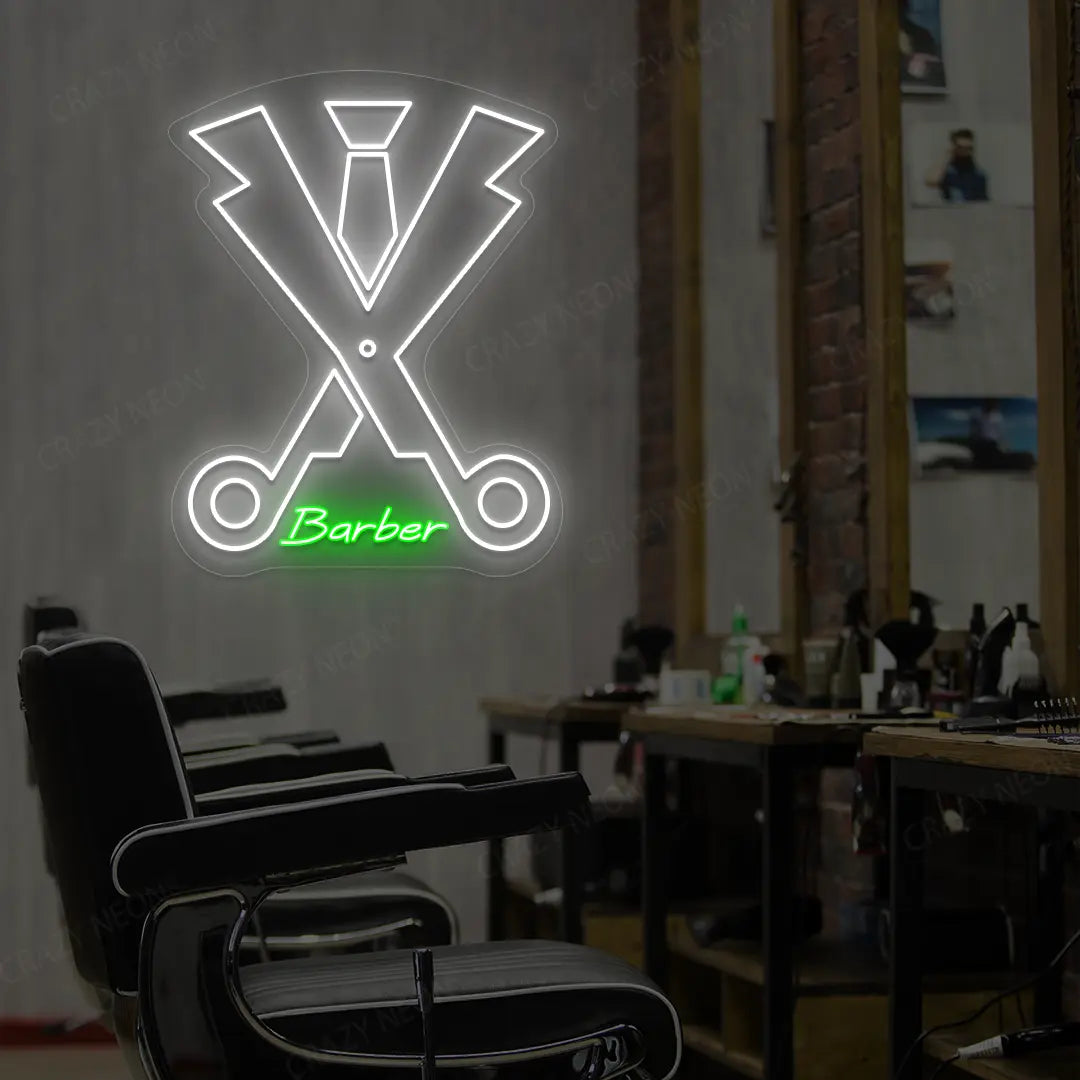 Dapper Barber Scissors Neon Sign in White and Green Colour Mounted on wall