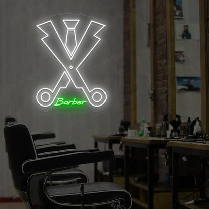 Dapper Barber Scissors Neon Sign in White and Green Colour Mounted on wall