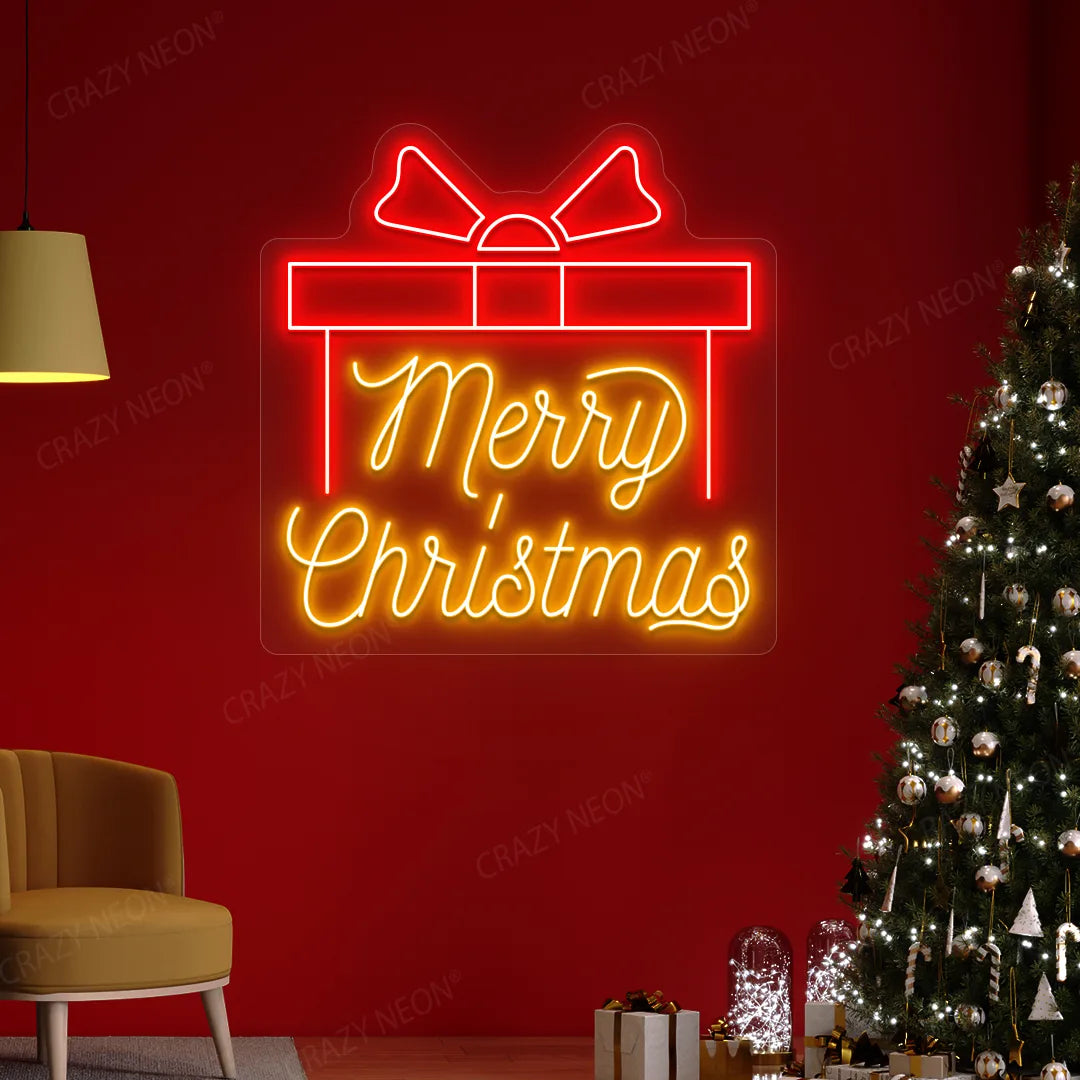 Merry Christmas Gift Box Neon Sign | Orange