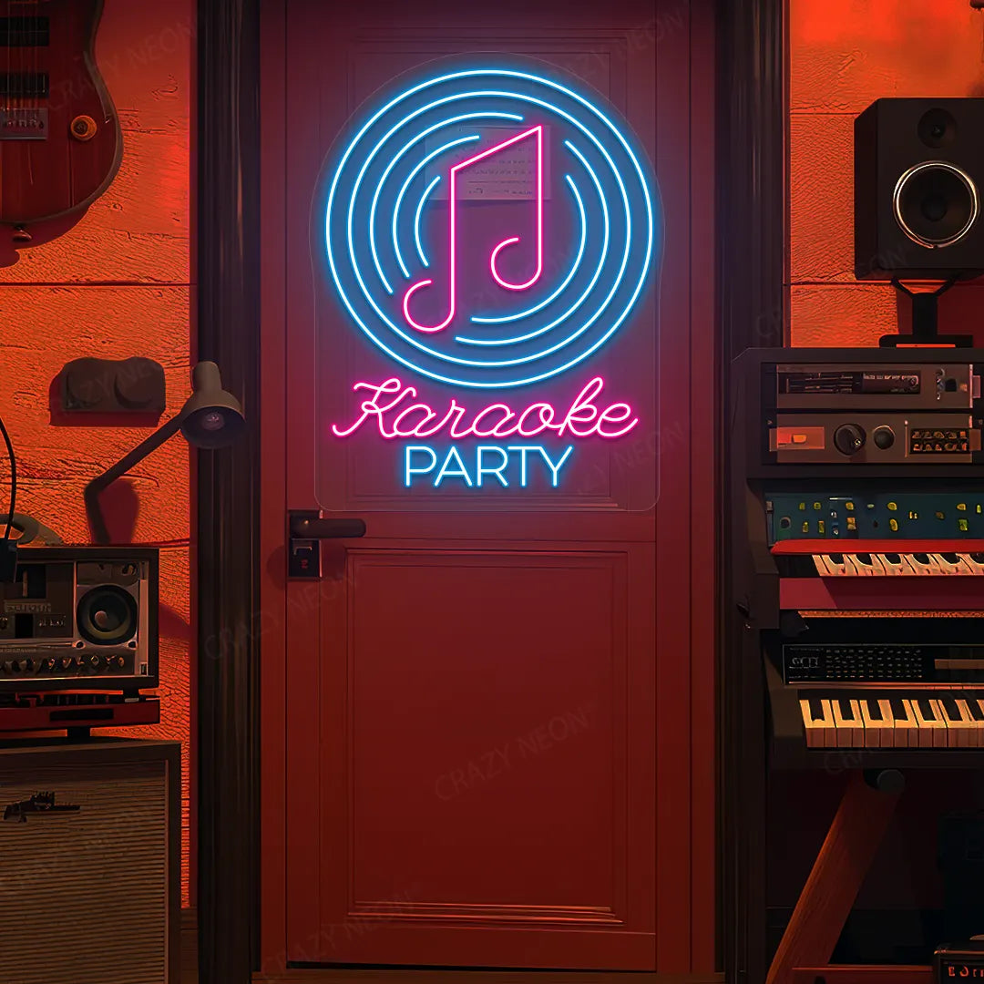 Karaoke Party Neon Sign in Pink and Ice Blue Colour mounted on wall