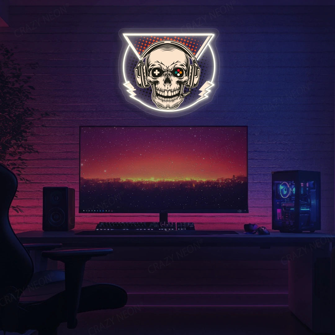 Skull Headphone Gaming Neon Artwork in warmwhite