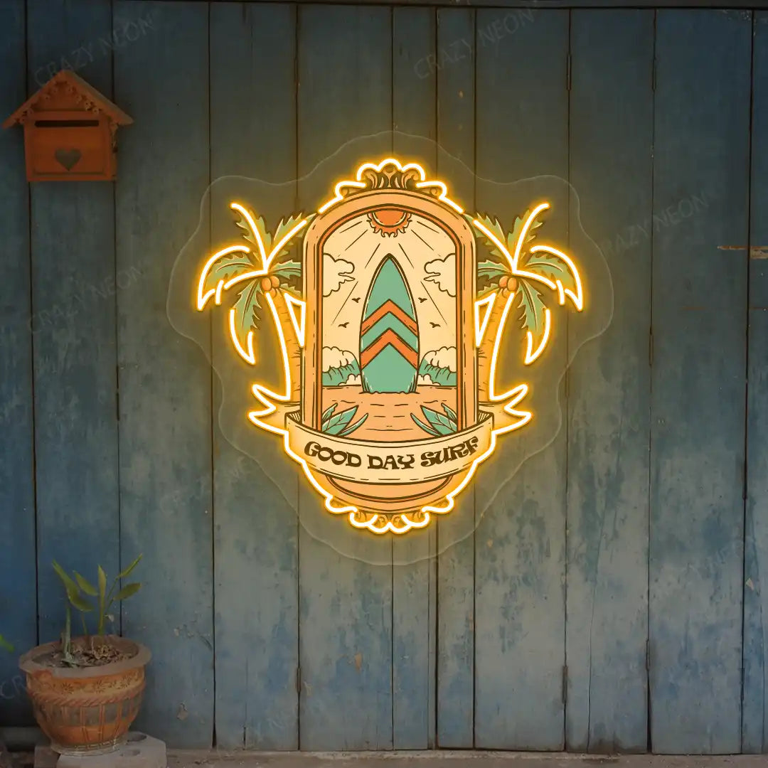 orange good day surf beach neon artwork mounted on a wall