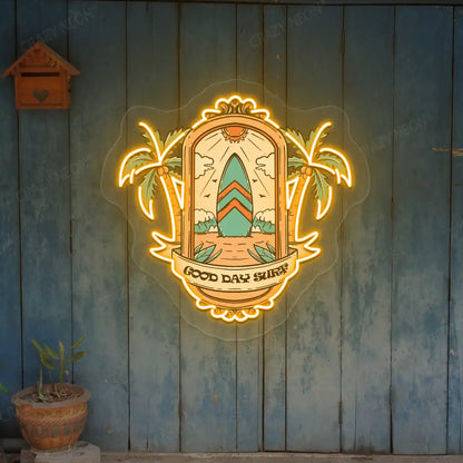 orange good day surf beach neon artwork mounted on a wall