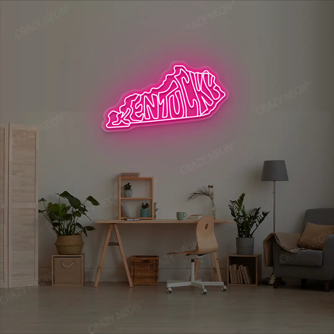 KENTUCKY Map Neon Sign lighting up in pink color in a room