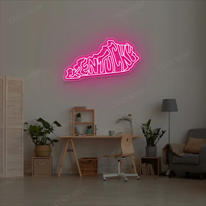 KENTUCKY Map Neon Sign lighting up in pink color in a room